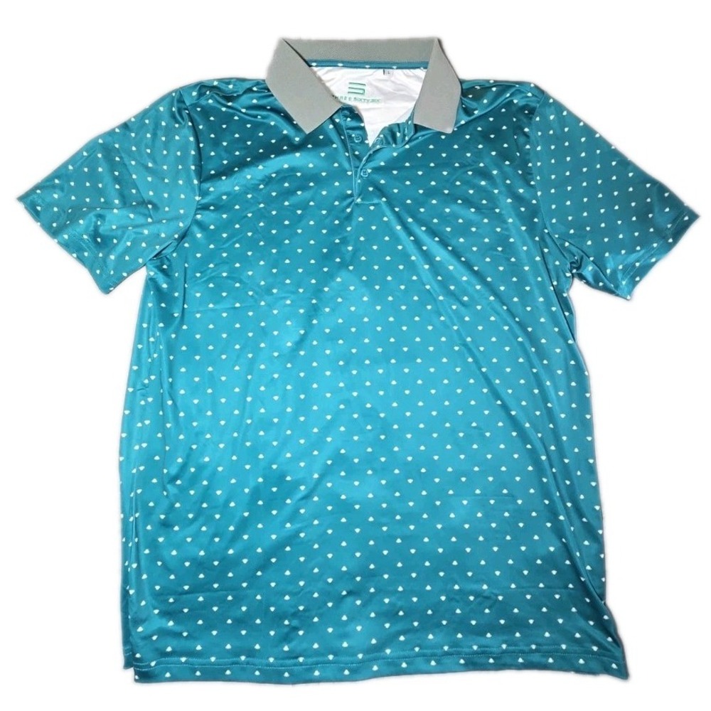 Three Sixty Six Golf Shirt Mens Large L Green Polka Dot Dry Fit Polo Pattern EUC